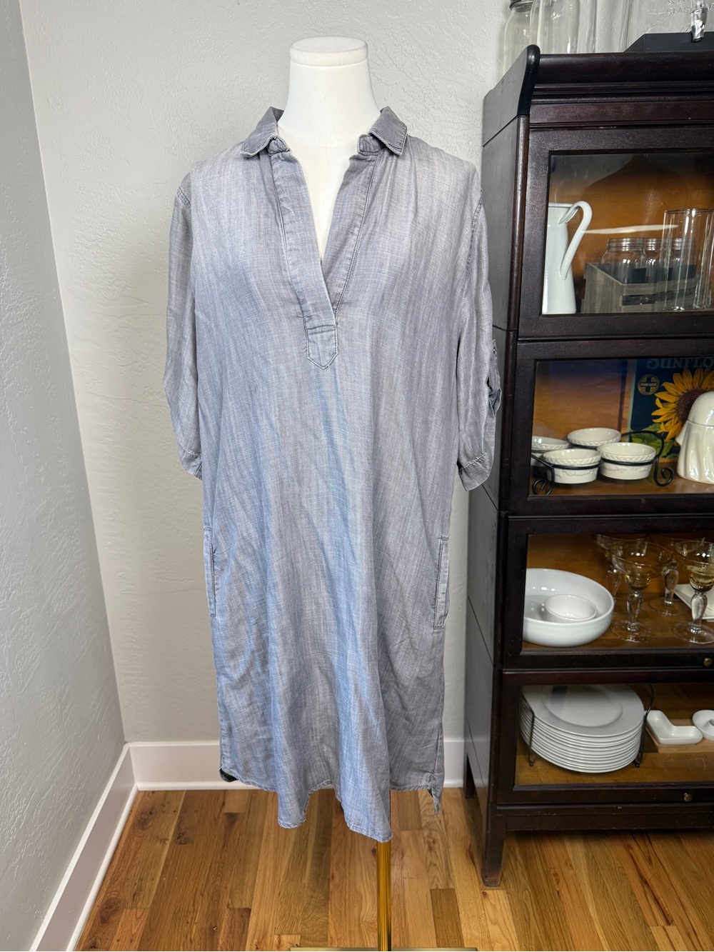 Chelsea & Theodore Gray Tencel Shirt Dress Roll Tab Sleeves Pockets Size L